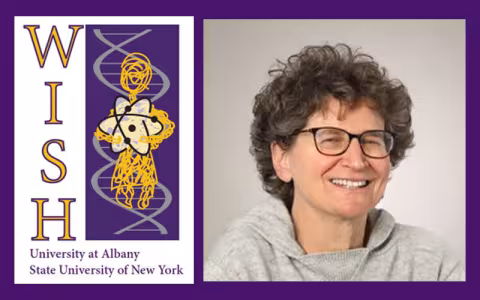A composite of the WISH logo, with the text 'WISH, University at Albany, State University of New York,' on the left and a portrait of  Dr. Sharon Milgram, on the right.