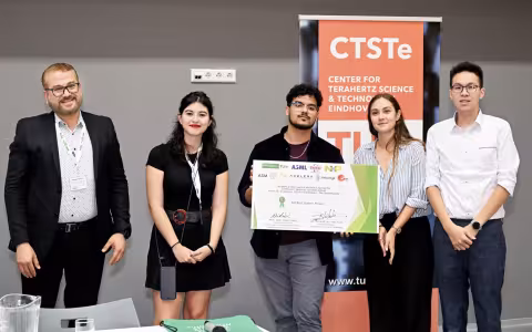 UAlbany student Kevin Reyes, center, joins Dr. Shihab Al-Daffaie and teammates Ainhoa Castano, Diana Ionica and George Lin to celebrate their award at Eindhoven Semicon Summer School. (Photo provided)