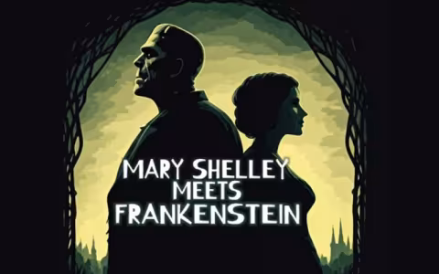 Frankenstein's monster stands back to back with a woman