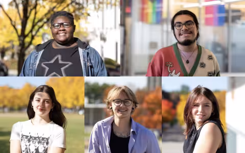 Composite image of five UAlbany students posing for portraits outdoors on a sunny autumn day on campus.