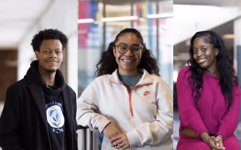 Composite photo showing three portraits of UAlbany students - a man in a black hoodie, a woman in a white Nike sweater, and a woman in a bright pink sweater and pants.