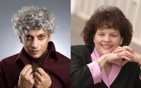 Side by side portraits of a man with curly silver hair in a maroon jacket and a woman with short brunette hair in a black blazer and pink blouse.