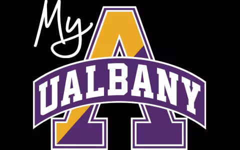 purple and yellow logo with the word "my" above the word "UALBANY" superimposed over a large "A" 