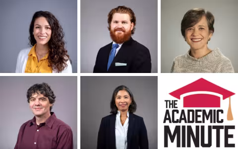 Graphic with headshots of UAlbany researchers featured on the Academic Minute.