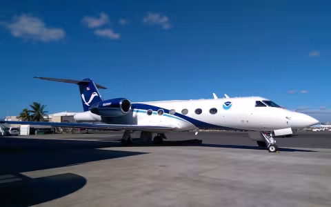 A NOAA G-IV jet prepares for takeoff from Honolulu, Hawaii.