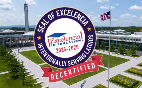 Photo of UAlbany's Uptown campus with Seal of Excelencia logo 