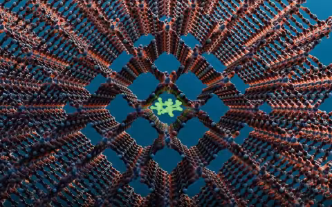 Computer rendering of a metal-organic framework. The image features a lattice of brown rods and blue nodes, arranged in a 3D crosshair pattern. In the center is a shape made of green rods and green nodes in a cluster, trapped in a central square. 