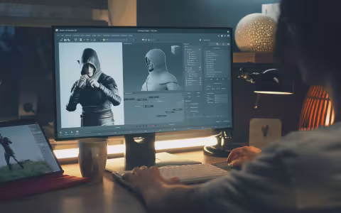 A video game designer works with a 3D character model on a monitor.