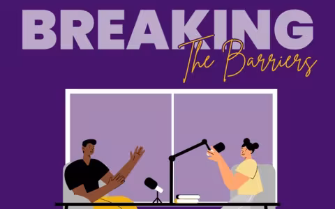 Illustration of two people at a table, talking into microphones. Purple background with words "Breaking the Barriers"