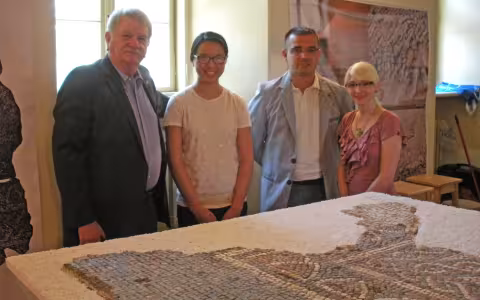 UAlbany students Jordan Scott and Lynne Merrihew with the Mayor of Sremska Mitrovica and Professor Werner. (Photo, Tourist Organization of Sremska Mitrovica.)