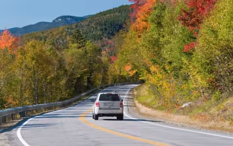 car is driving down the road surrounding by fall foliage