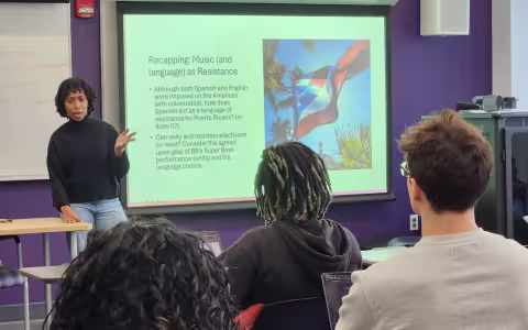Lecturer Sherez Mohamed teaches students about the use of music as resistance.
