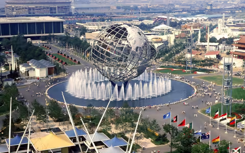 An Elevated view of the 1964 New York World’s Fair in Flushing Meadows with the Unisphere at center and surrounding fairgrounds, buildings and water features visible.