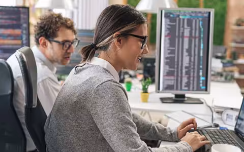 Two cybersecurity professionals working in an office.