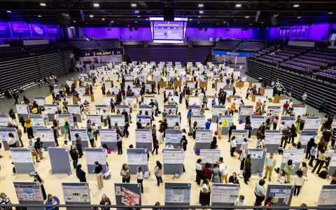 A birds eye view of Showcase presentations inside the Broadview Center.