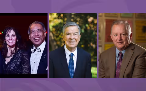Three photos of the citizen laureates on a purple backdrop 