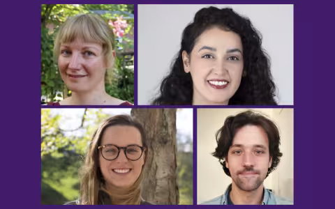 A four-photo collage against a purple background consisting of four smiling people facing the camera.