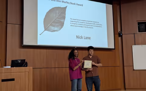 Nick Lane was awarded the Peter and Ann Marfey Book Award from the Department of Biological Sciences.