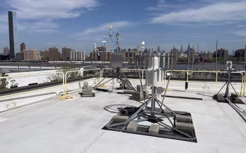 A Mesonet site with the New York City skyline behind it.