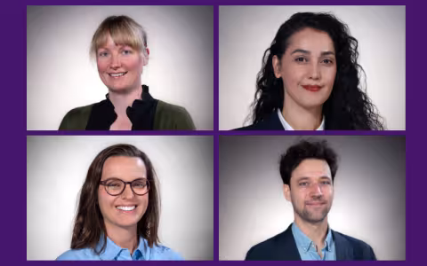 A symmetrical photo collage of headshot photos of four smiling people, two stacked on top of two others against a purple background.