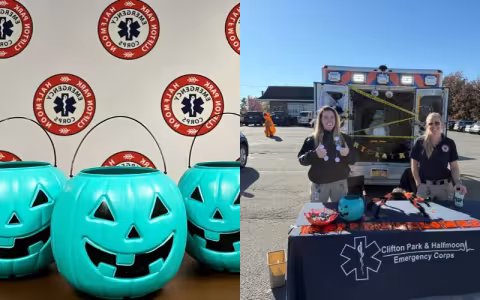 Two photos: Teal pumpkin lanterns on the left and Clifton Park & Halfmoon EMS representatives at a truck-or-treat event on the right.