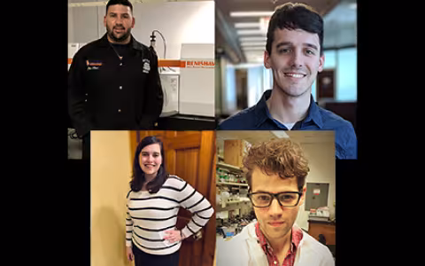Four of the 15 PhD students that are new to the RNA Institute Fellows Program: left to right, Luis Perez Almodovar, Tristen Head, Rachel Fay and Ryan Treen. 