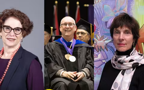 Professors Laurie Feldman, left, and JoAnne Carson, right, were named SUNY distinguished professors, and Richard Hamm was named a distinguished teaching professor.