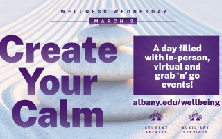 Light blue and purple graphic that says "Create Your Calm: A day filled with in-person, virtual and grab n' go events!"
