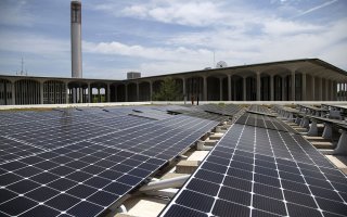 An array of 90 LG 350-watt solar panels are installed on the Campus Center West addition roof.