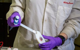 The Halámek lab showcases a prototype of its sweat testing strip.