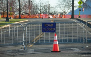 Image of road closed outside UAlbany COVID-19 testing site. 