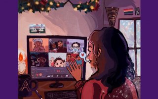 A woman waves to friends via Zoom on her computer