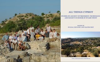 A archeological team in field, at left, a book cover of All Things Cypriot at right