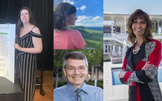 A composite of 4 photos shows a young woman standing by a research poster, another looking into distant scenery, a woman standing with arms crossed near a fountain, and a smiling headshot of a man in a blue shirt and tie