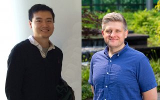 MIRA winners Qiang Zhang, left, and Morgan Sammons pose along a wall and in a garden