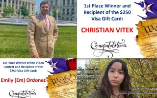 Composite image shows Constitution Day Winner posters, a smiling man in a tan suit standing in front of a fountain and a serious woman in the woods with the words: "you can not do all the good that the world needs but the world needs all the good that you can do" 