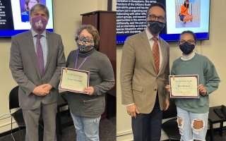 Side by side photos each show a man and a woman, all in facemasks. The men are in suits and the women are holding papers recognizing them as Terra Award winners