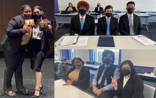 Three photos show students in facemasks, two holding award placques and the others seated at desks.