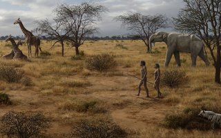 A depiction of Homo erectus, man and woman, walking through an East Africa surrounded by contemporary fauna. 