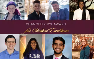 heashots of four students are above, and four more below a logo that says Chancellor's Award for Student Excellence 