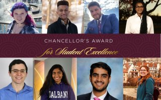 heashots of four students are above, and four more below a logo that says Chancellor's Award for Student Excellence 