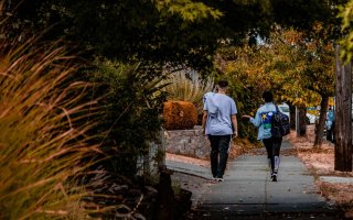 Two people walk on a sidewalk under a canopy of trees