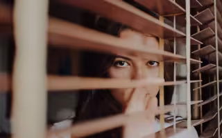 a woman peers through the wooden slats of window shades
