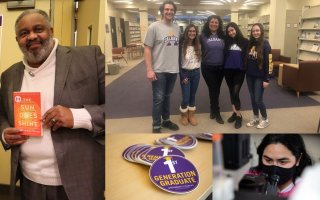composite image shows author Anthony Ray Hinton holding a book, a group of students standing arm in arm with their professor, a woman in a face mask looking through a microscope, and a stack of stickers that say: 1st generation graduate.