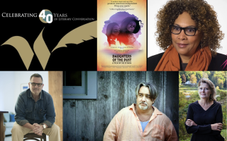 Composite shows the NYS Writers Institute logo, a film poster for Daughters of the West and four photos of authors