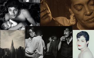 Composite shows photos of a man holding a baby on a couch, a woman resting her hand on the shoulder of another woman, a glamour headshot, people dancing at a party, and New York City skyscrapers.