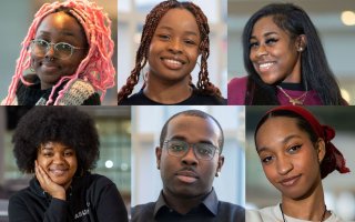 Six headshots of UAlbany student leaders. Clockwise from top left are August, Deborah Hoyte, Sariyah Lewis, Taylor Jordan, Andrew Thomas and Kynesha Milwood 