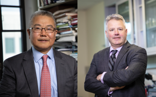 Side-by-side portraits of two men with short gray hair wearing suit jackets. One stands in front of full bookshelves and the other stands, arms folded, in a laboratory.