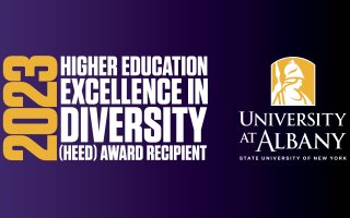 Graphic image with purple background. Text in bold block letters reads: 2023 Higher Education Excellence in Diversity (HEED) Award Recipient. The University at Albany "Minerva" logo is at right.