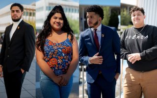 Four standing portraits of Adam Achehboune, Gabriela A. Cruz Hernandez, Denzel Avila and Juan Torres